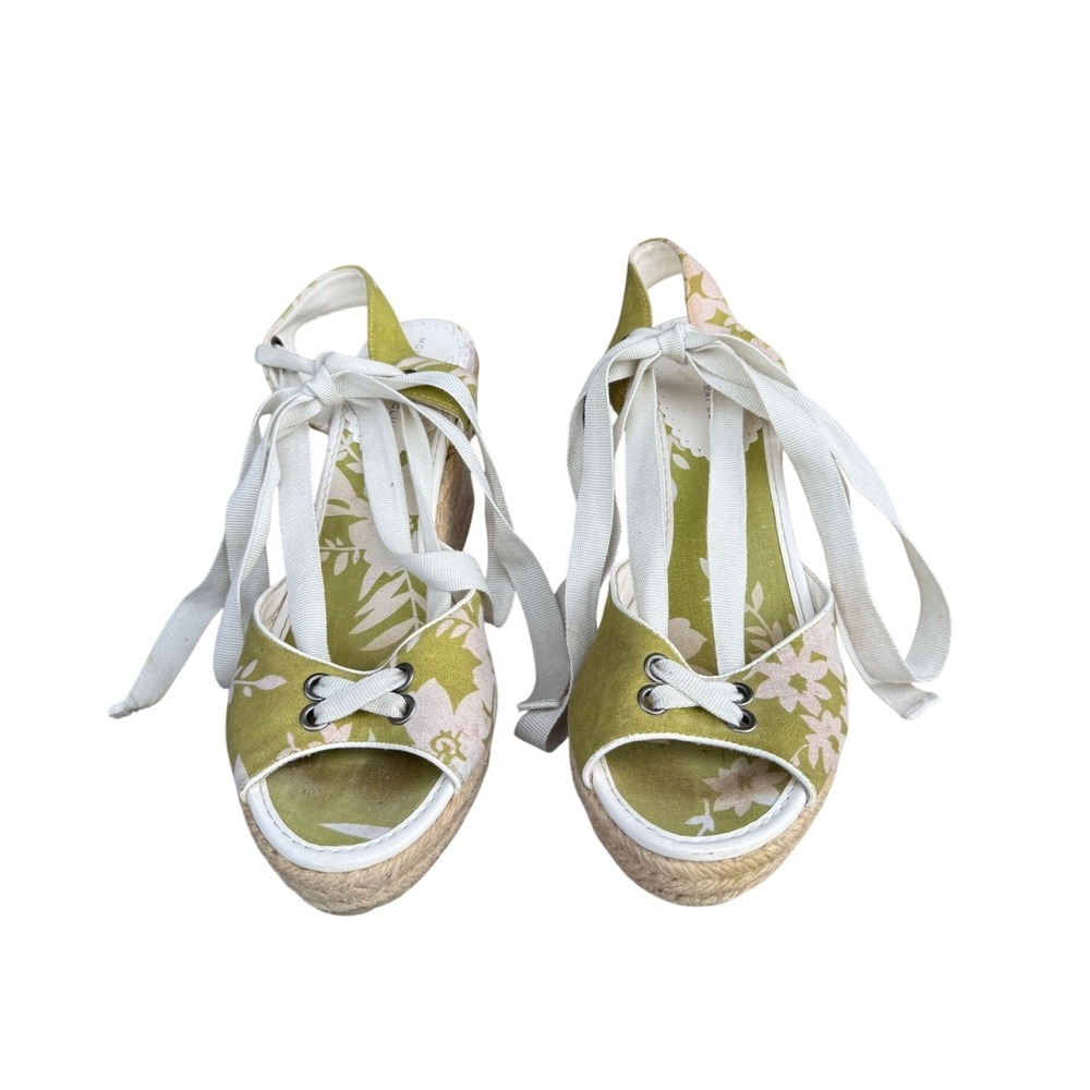 Green Floral Wedge Sandals Strappy Ankle Size 8.5